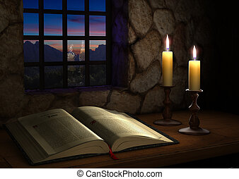 Bible Near a Window - Open Bible illuminated by two candles...