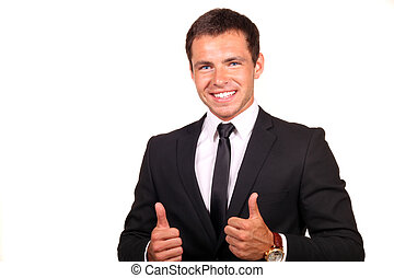 Young happy business man going thumbs up, isolated on white
