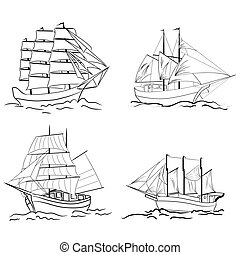 Vector Illustration of Sketches of sailing ships - Black and white