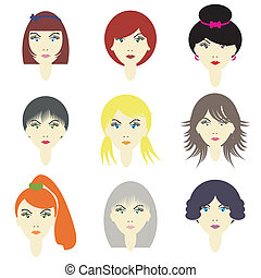 Vector Illustration of Women face with different hairstyles - vector