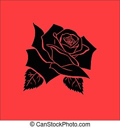 silhouette of rose isolated on red background Black outline...