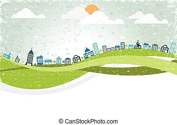 Vector Illustration of Big tree standing among city buildings - Cartoon