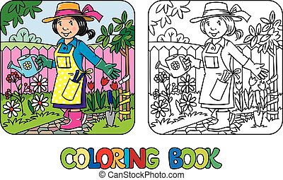 Clipart Vector of Coloring book garden and gardener - vector