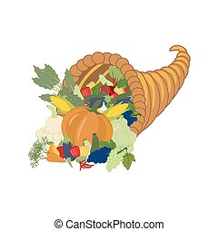 Vector Illustration of Horn of plenty. Cornucopia with autumn fruits