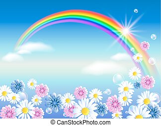 Clipart Vector of Meadow flowers and sun - Meadow flowers, sun, clouds