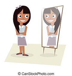 Clipart Vector of A girl holding a red dress in front of the mirror ...