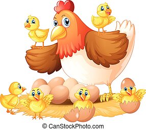 Vectors Illustration of Hen And Chicks - Hen mother with three adorable ...