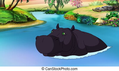 Black big hippopotamus open his mouth. Cartoon black big hippopotamus open  mouth and shows his canines. handmade animation, | CanStock