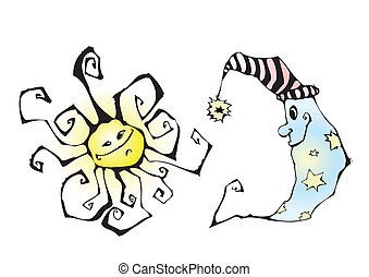 Vector Clipart of Sun and Moon - Cartoon illustration of Sun and Moon