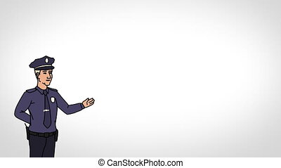Animated character policeman or cop stands in the foreground and says,  smooth contour, white background. Animated 2d | CanStock