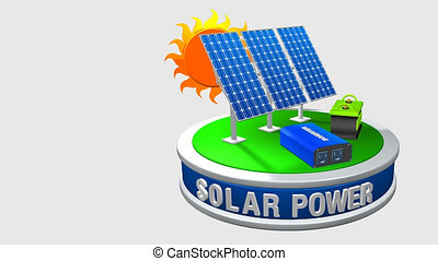 3d animation of a solar energy equipment consisting of 3 solar panels, an  inverter and a battery rotating 360 degrees with | CanStock