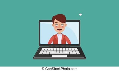 Young man chatting with laptop hd animation. Young man appears on laptop  screen with blank speech bubble high definition | CanStock