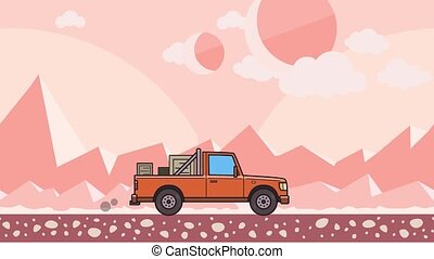 Animated pickup truck with boxes in the trunk riding through pink  extraterrestrial desert. moving delivery car on mountain | CanStock