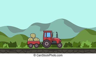 Animated tractor with trolley full of hay riding through green valley.  moving farm vehicle on hilly landscape background. | CanStock