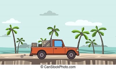 Animated red pickup truck with boxes in the trunk riding on the beach.  moving delivery car on seascape, side view. flat | CanStock