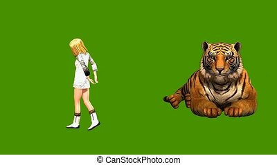 17 3d animation of woman and tiger on green screen background. Animation of  a woman with a large tiger, the tiger is lying | CanStock