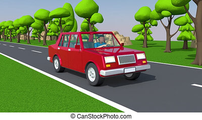 Red car driving on a suburban highway. 3d looped animation. | CanStock