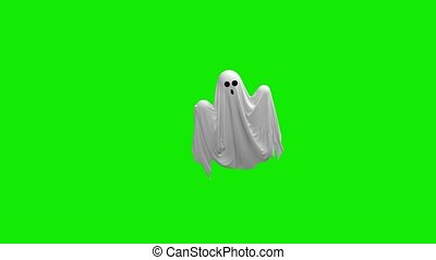 Cartoon flying white ghost on an green screen 4k. | CanStock
